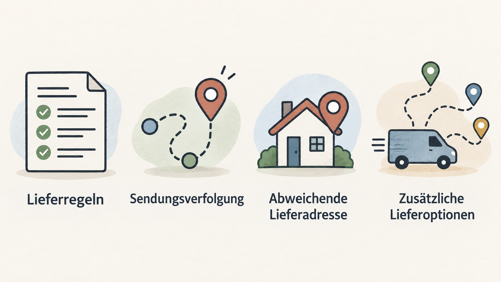 Eine einfache nummerierte Vier-Punkte-Checkliste mit Händler, Lieferzeit, Retourenhinweisen und angebotener Zahlungsart.