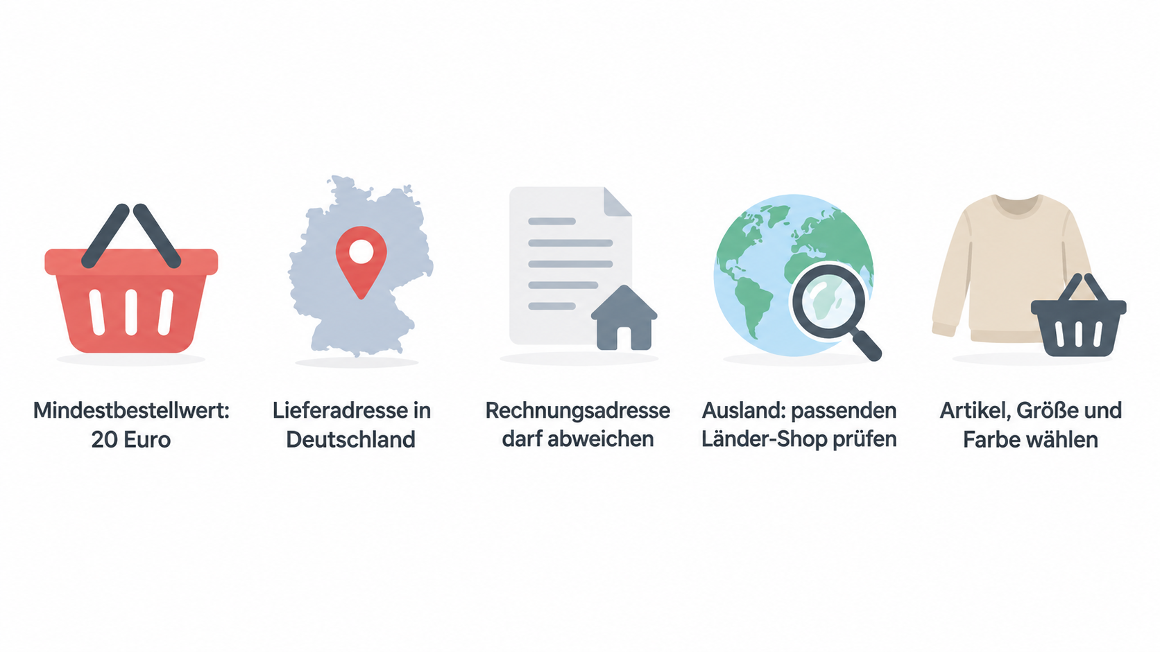 Eine nummerierte Checkliste der fünf im Abschnitt genannten Bestellschritte und Prüfungen: Artikel, Größe und Farbe auswählen; in den Warenkorb legen; Lieferadresse für den