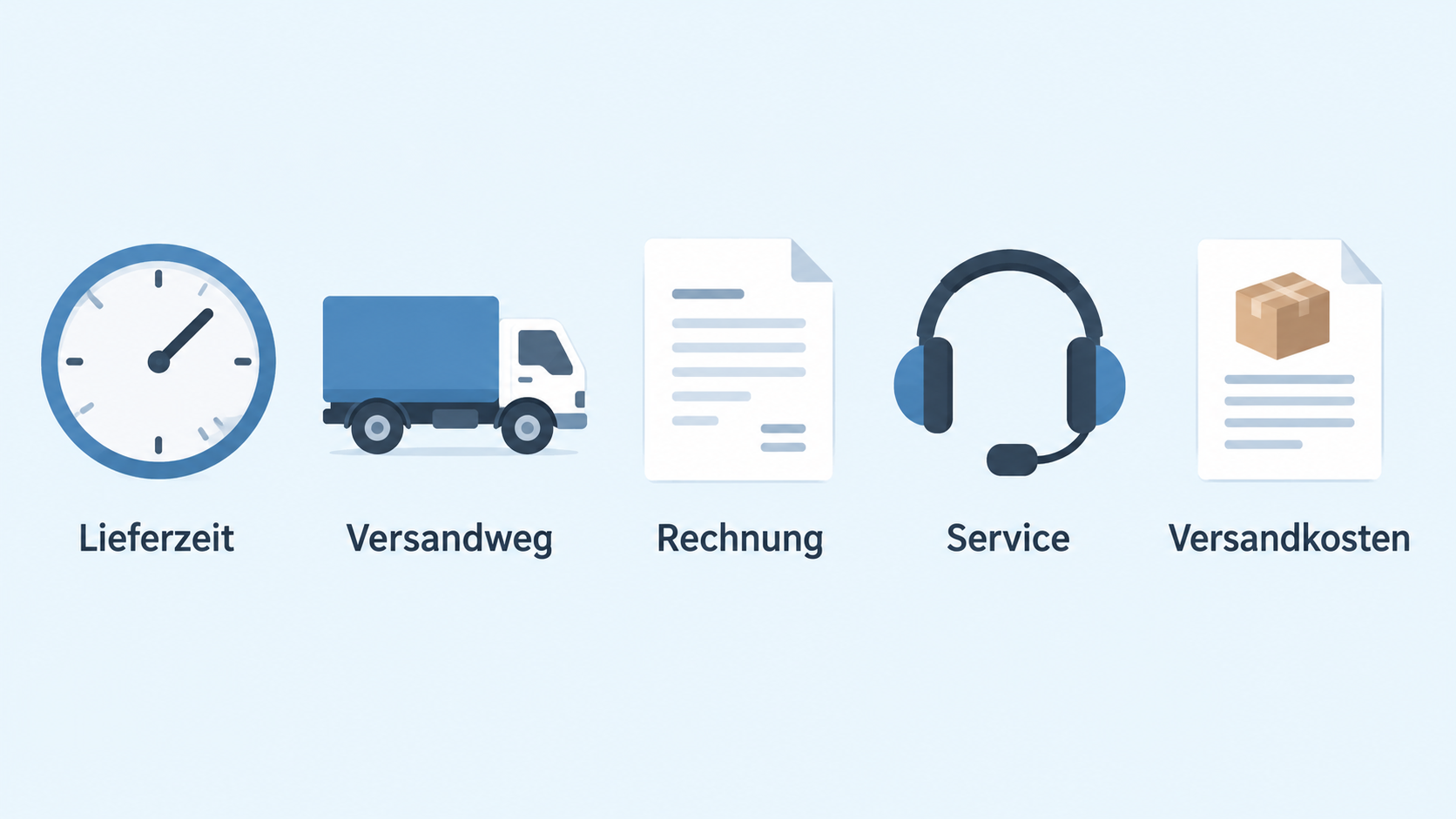 Show one row of icons with the section’s offer checks: „Lieferzeit“, „Versandkosten“, „Versanddienstleister“, „Art der Zustellung“ and „Service“.