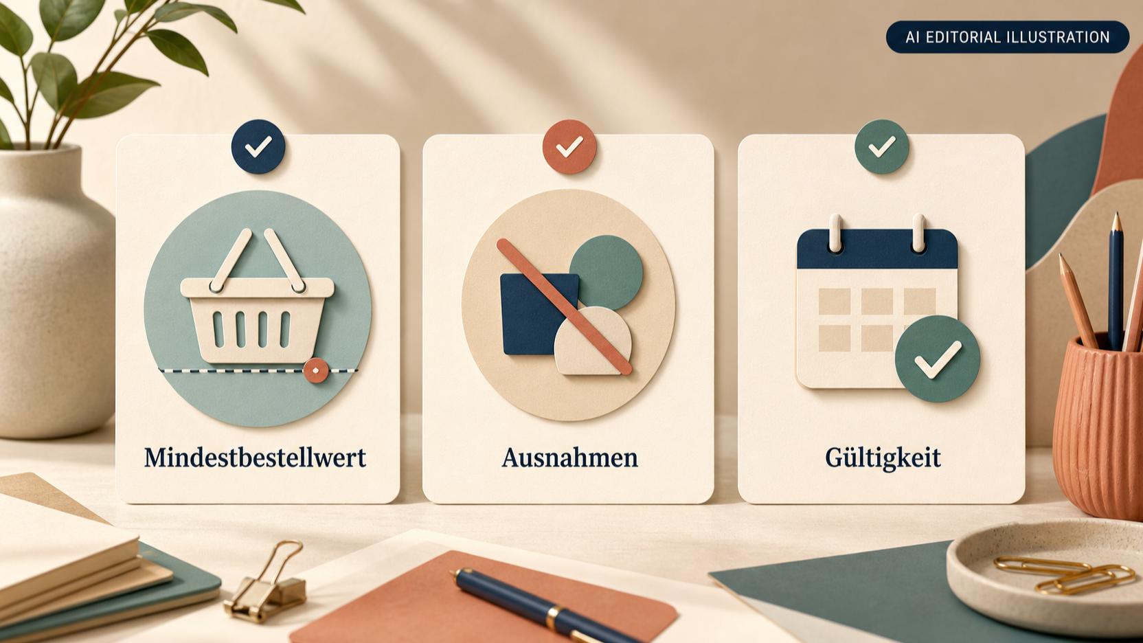 Redaktionelle Illustration zu Rabatte und Gutscheine im Online-Shop prüfen: Bedingungen, Mindestwert und echter Endpreis