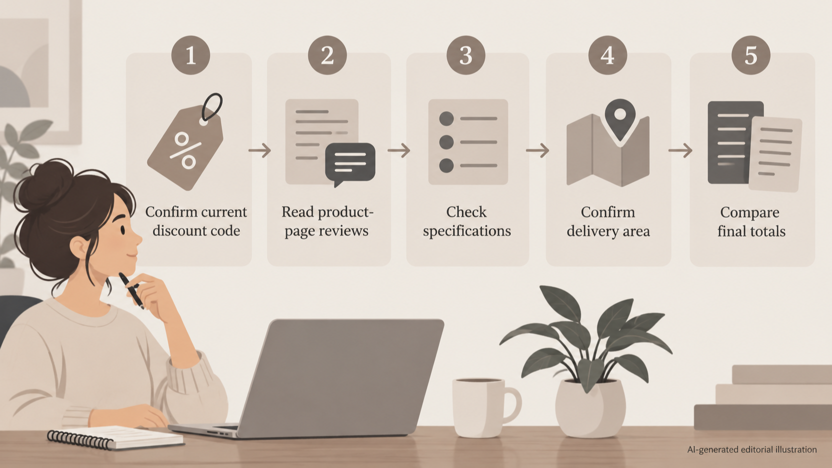 Give readers a quick visual checklist of what to verify before ordering: current code, reviews, specifications, delivery area and total cost